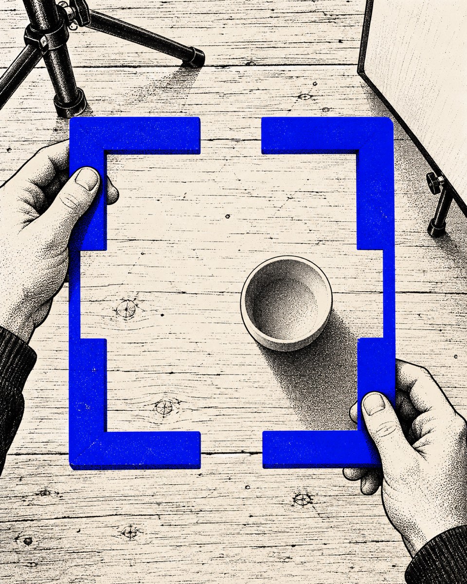 Ilustrasi cetak dua warna: dua tangan memegang bingkai potong biru di atas meja kayu, membingkai satu cangkir dilihat dari atas.